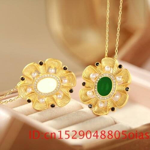 Natural Hetian Jade Flower Pendant Necklace Women Chalcedony Fashion Jewelry Amulet Gifts for 925 Silver