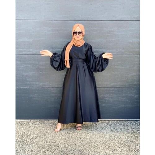 Aligaia Fashion Solid Color Lantern Sleeves Dress For Women 2021 Summer Dubai Turkey Robe Muslim Hijab Dress Maxi African Dress