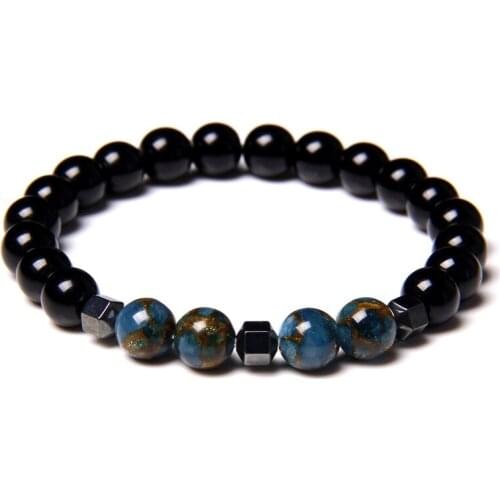 Men Bracelet Natural Stone Onyx Beads Bracelet 8mm Round Cloisonne & Hematite Beaded Bracelet for Women Male Energy Jewelry