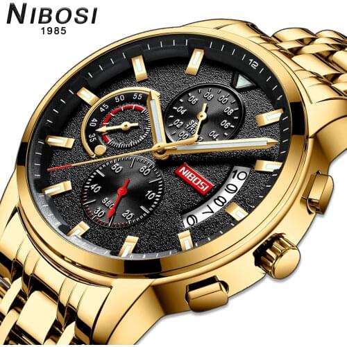 NIBOSI Mens watches top Luxury brand Clock Military Gold Quartz wrist watch men Waterproof wristwatches steel Relogio Masculino