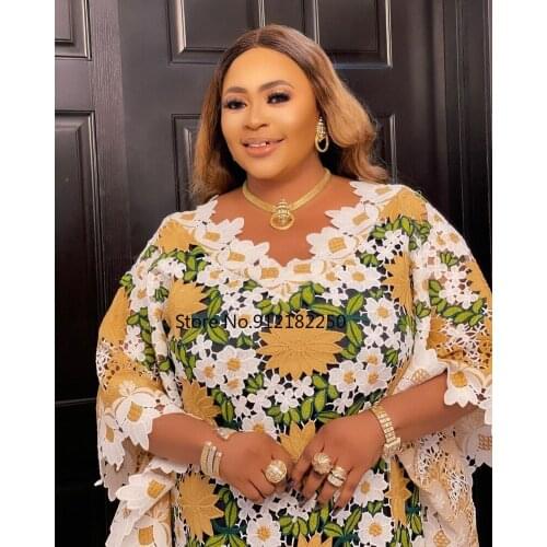 New African Dashiki Fashion Loose Embroidery Long Dress African Maxi Dress For Women African Clothes Elegant Lace Dresses