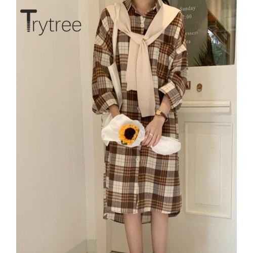 Trytree 2020 Autumn Casual Plaid Women Dress Loose Streetwear Womens Shirt Dress Without Shawl Office Lady Long Tops For Woman