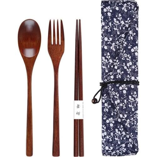 Three-piece Long Handle Solid Wood Portable Tableware With Cloth Bag Or Without Cloth Bag Wooden High-quality Tableware