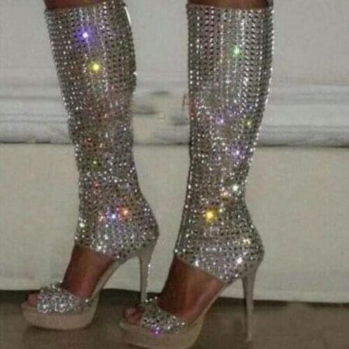 Luxury Shoes Women Designers Rhinestone Hollow Out Crystal Knee High Sandal Boots Platform Heels Gladiator Woman Shoes