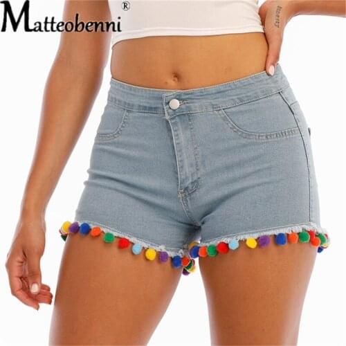 Womens Color Ball Tassels Denim Shorts 2021 Summer Women Short Jeans Ladies Waist Vintage High Waist Straight Elastic Shorts