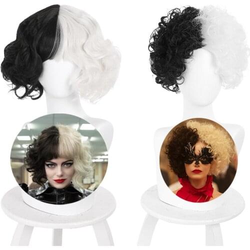 Reneecho Movie Cruella de Vil Cosplay Cruella Wig Heat Resistant Synthetic Hair Party Props Cosplay Wig