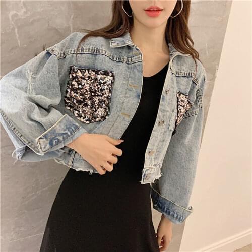 Women Sequined Denim Jacket Female Casual Loose short Turn Down Collar Coat Top Spring and Autumn 2021