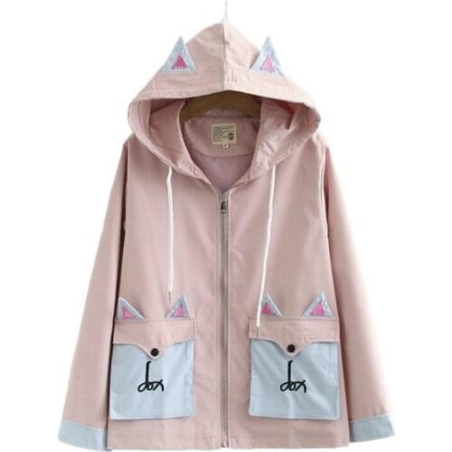 Women Cartoon Fox Embroidery Zipper Coat With Ears On Hood 2020 Summer Long Sleeve Pockets Hooded Female Jackets Cute Outerwear