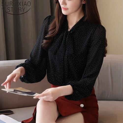 2020 Spring New Loose Elegant Chiffon Shirt Wavelet Point Bow Tie Led Lantern Sleeve Women Blouse Primavera Blusas Mujer 8028 50