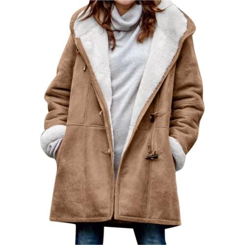 Plus Size Jackets Women Winter Warm Coat Long Sleeve Horn Buckle Plush Pocket Hooded Overcoat Tops Mujer Dropshipping