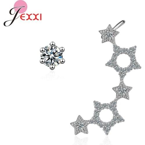 925 Sterling Silver Cubic Zircon Star Round Stud Earrings For Women Girl Fashion Asymmetric Earrings Fine Jewelry