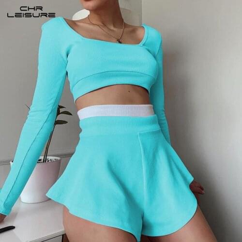 CHRLEISURE Womens Suit Long Sleeves Color Block Slim Top+High Waist Shorts Skirts Casual Fashion Women Tracksuit 2 Piece Set
