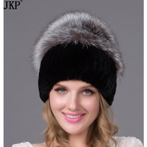 JKP Winter Rex rabbit fur hat for women with fox fur knitted cap beanies fur hat send gift good quality THY-27