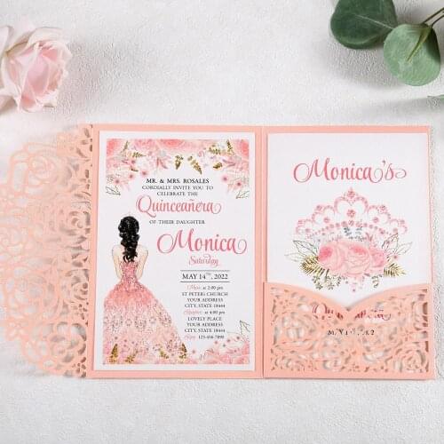 100pcs Pink Laser Cut Hollow Wedding Invitations Cards with Flower Pockets and Envelopes for Wedding/Quinceanera/Birthday