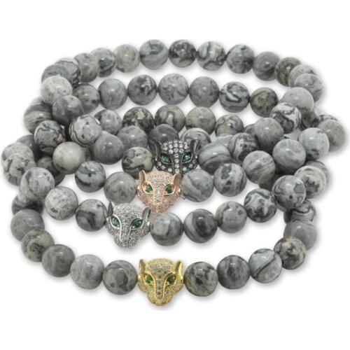 5pcs High quality charm pave rhinestones white cz lion head men bracelet natural 8mm grey round stone beads men bracelet