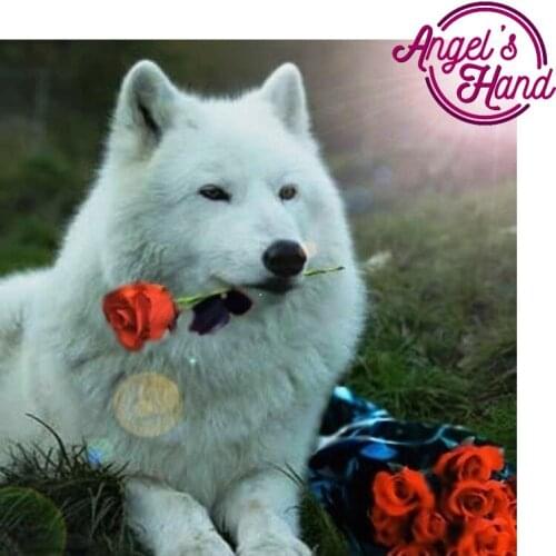 5D diamond painting White wolf and rose cross stitch spuare&round Rhinestones embroidery plastic craftsFull diamond painting