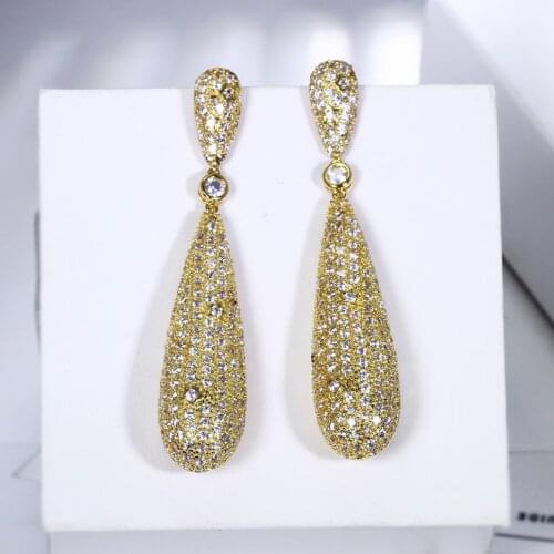 Fancy Bohemia design 7.1CM Long Gold Color Drop Earrings Setting with AAA Cubic Zirconia Lead Free Wedding Earrings