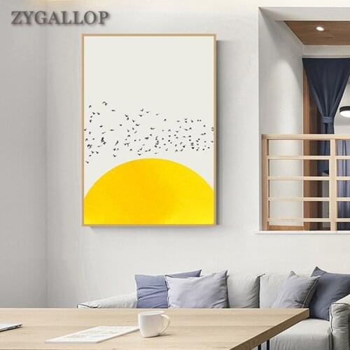 Abstract Birds And Yellow Sun Canvas Painting Nordic Poster Sunset Landscape Print Minimalist Wall Art Pictures for Home Design