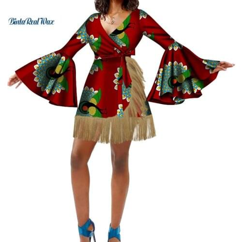 African Women Clothing Dashiki Bazin Riche Causal Flare Long Sleeve Mini Dress Party Dresses African Women Clothes V Neck WY5348