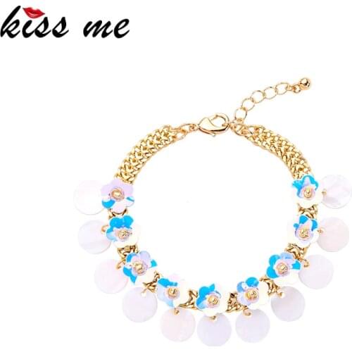 Kissme Holiday Seaside Style Unique Sequins Flowers Round Shell Charm Bracelets For Women Gifts Gold Color Chain Accessories