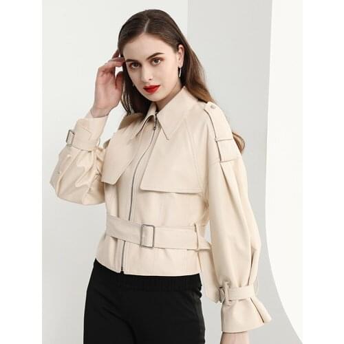 LUHAYESA Luxury Ivory White Women Leather Genuine Jacket Slim Waist Fashion Natural Sheepkin Jackets