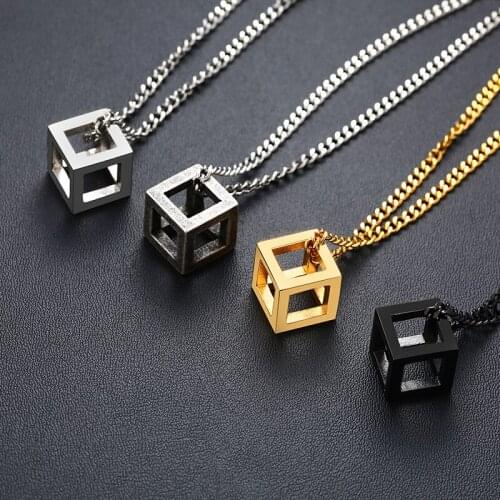Men Rock Punk Cube Shaped Pendant Necklace 4 Colors Stainless Steel Casual Male Jewelry with 24" Curb Chain