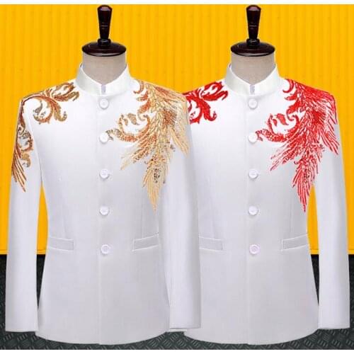 Blazer men Chinese tunic suit Sequins jackets formal dress mens wedding suits costume singer stage Chinese style clothing white