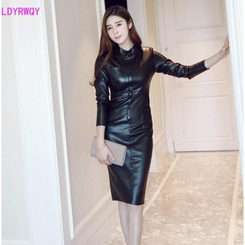 2021 autumn and winter new Korean fashion womens stand collar front zip pocket Slim bag hip long PU dress Empire Full