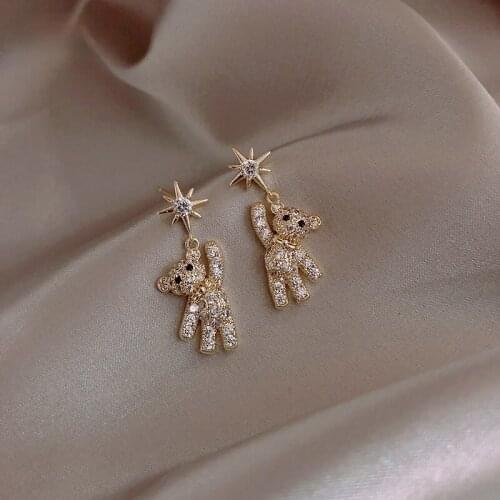 Korean New Trendy Inlay Zircon Eight-pointed Star Little Bear Dangle Earrings for Women Simplicity Jewelry Delicate Drop Earring