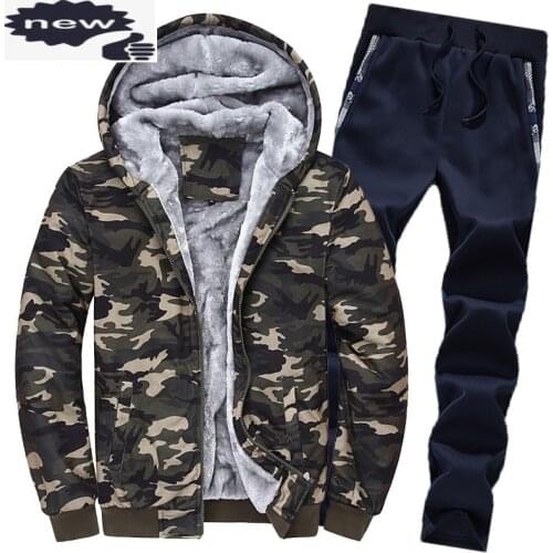 New Mens Winter Warm Fur Lining Tracksuit Casual Camouflage Printed Hooded Coat Full Length Sweatpants Sets Large Size Male Suit