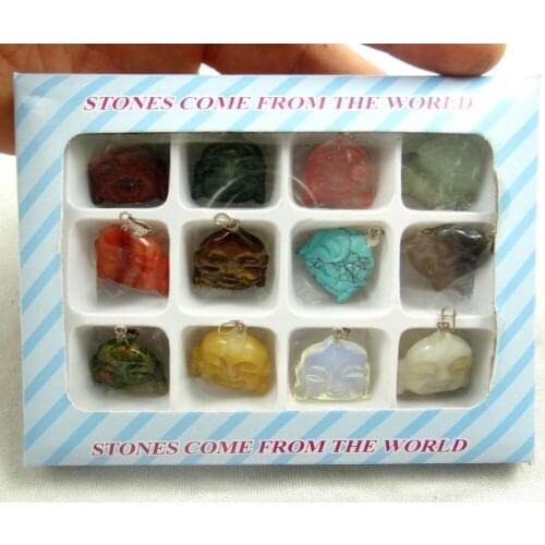 Wholesale Fashion Carved Mixed natural Stone Buddha head charms Pendants for Necklace making jewelry 12pcs/lot Free shipping