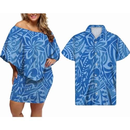 Hycool Drop Ship Polynesian Plain Print Lady Tribal Clothing Custom Women Elegant Bodycon Wedding Guest Dress Match Mens Shirts