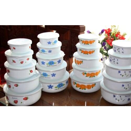 Old enamel bowl, thickened sealing set with cover, fresh keeping bowl box, nostalgic set bowl