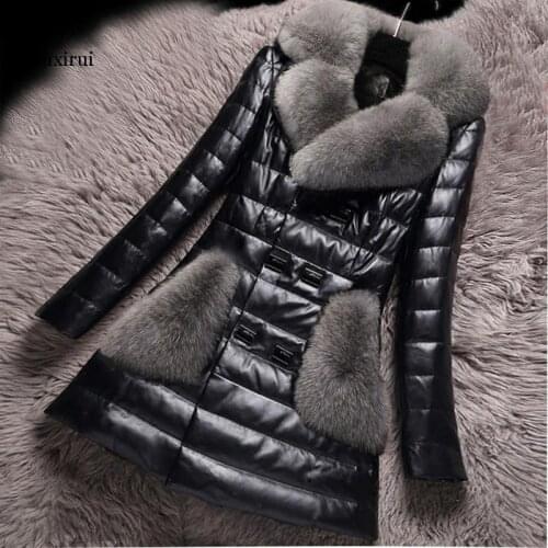 Faux Jacket Winter Leather Fox Fur Coat Women Down Cotton Parka Womens Jackets Chaqueta Cuero Mujer KJ957