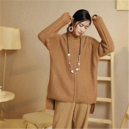 100%hand made wool knit women streetwear turtleneck irregular hem solid H-straight pullover sweater one&over size
