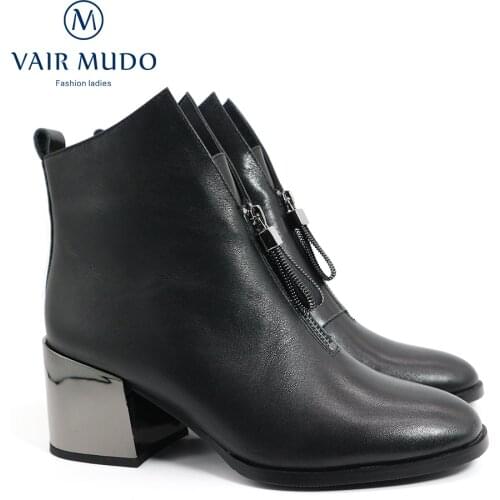 VAIR MUDO Spring AutumnAnkle Boots Fashion Elegant Thick Heels Shoes Women Genuine Leather Round Toe Zipper Black Winter DX88