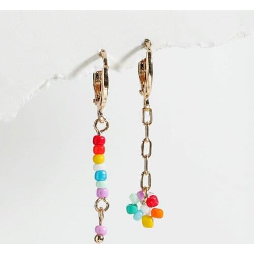 Bohemian Handmade Rainbow Flower Beaded Drop Earrings for Women Long Chain Beads Hanging Earrings Statement Jewelry