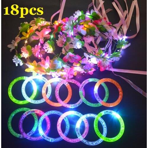 LED Light Up Toys Birthday Wedding Party Favors Glow in the Dark, 12pcs Blinking Bracelet and 6pcs Flower Wreath Halloween