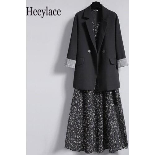 Plus Size Office Ladies Elegant Two Pieces Set For Women Long Sleeve Print Chiffon Dresses And Notched Blazer Coat Suits 4XL