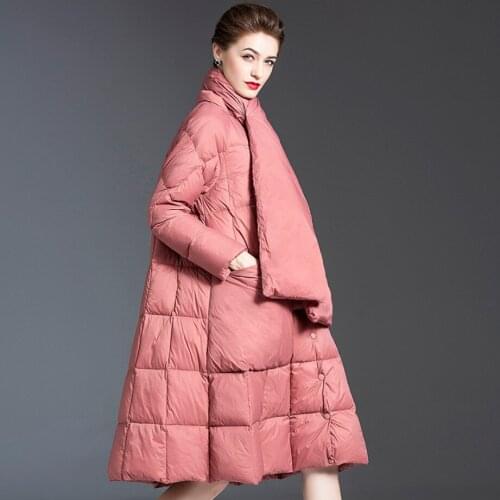2020 white duck down hooded down jacket pink women Mid-length winter clothes new fashion down jackets A coat over the knee coat