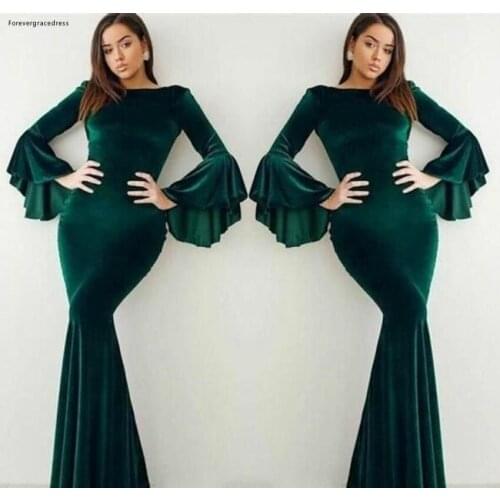 2019 Velvet Dark Green Evening Dress Elegant Arabic Dubai Flare Long Sleeves Holiday Women Wear Formal Party Prom Gown Plus Size