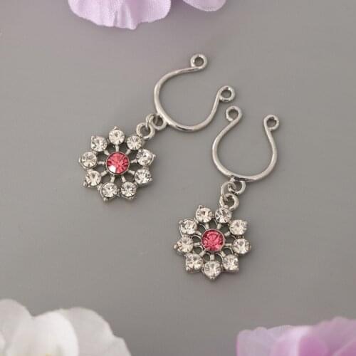 1 Pair Women Fake Body Jewelry Tassel Charm Nipple Rings Non-Piercing Clip On