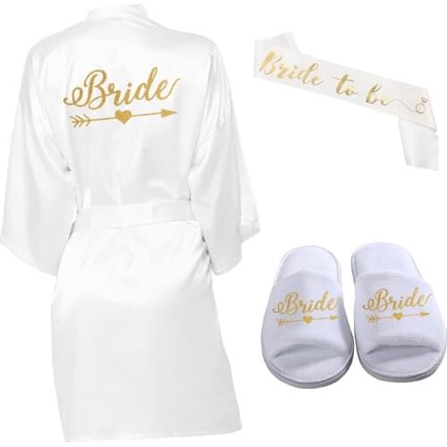 3pc Set of Glitter Gold bride Satin Short Bride Robe Wreath Slippers Bridal Sash Peignoir Women Bridal Party 2020 kimono Robe