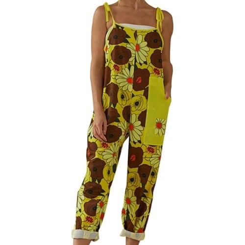 BAMBOOBOY Womens Spring Summer Flower Print Contrast Color Pocket Loose Lace Up Suspender Trousers Jumpsuit Overalls FC941