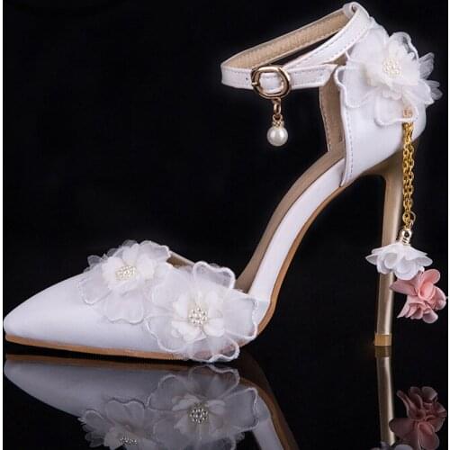 BaoYaFang 11cm High heeled Pointed Toe wedding shoes 2019 NEW ARRIVE Womens Fashion Pumps white Lace shoes ankle strap buckle