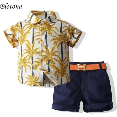 Blotona 2Pieces Kids Suit Set, Coconut Tree Print Lapel Collar Short Sleeve Tops+Solid Color Shorts+ Waistband for Boys 1-6Years