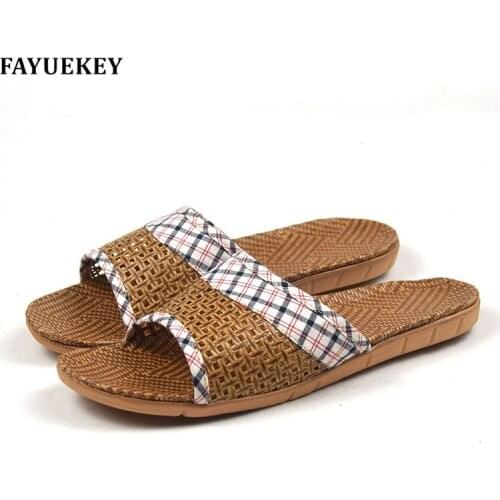 FAYUEKEY 2018 New Arrival Summer Fashion Home Linen Breathable Plaid Slippers Men Indoor Floor Beach Slides Boys Gift Flat Shoes