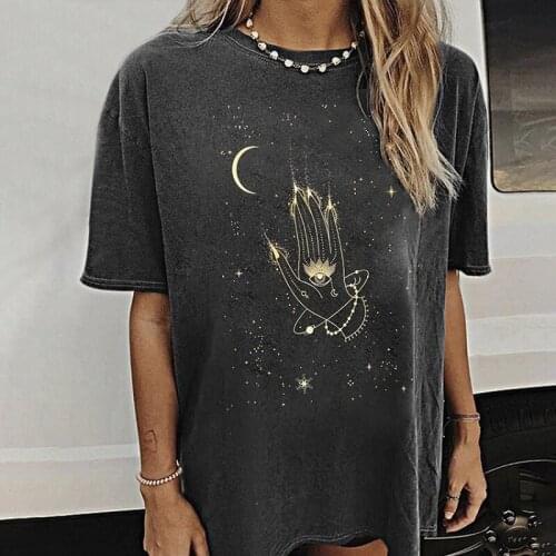 Hand Moon Print Vintage Streetwear Woman Tshirts Short Sleeve Loose Women Black Top 2021 Summer Plus Size T Shirt French Style