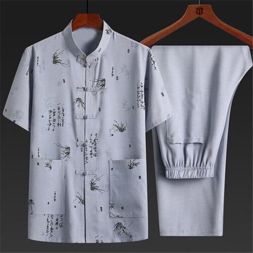 Tang suit mens Chinese style plus size short-sleeved suit retro Tai Chi suit father gift costume Jacket+Long Pants 2PC new