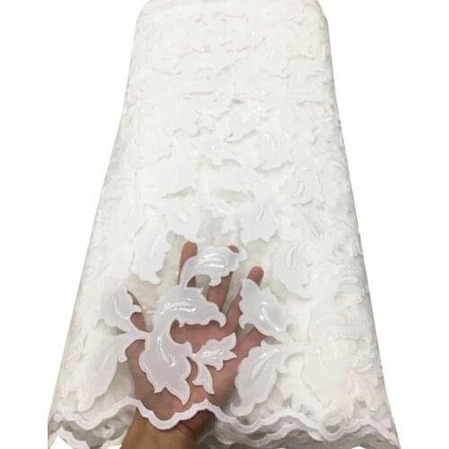 Latest PURE WHITE African Embroidery Tulle Lace Fabric 2020 High Quality French Milk Silk Lace Fabric With Sequins 5 Yard ETB120
